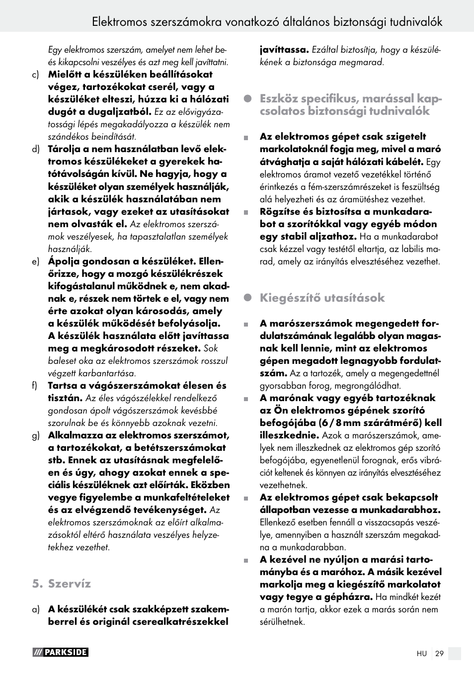 Szervíz, Kiegészítő utasítások | Parkside POF 1200 A1 User Manual | Page 29 / 77