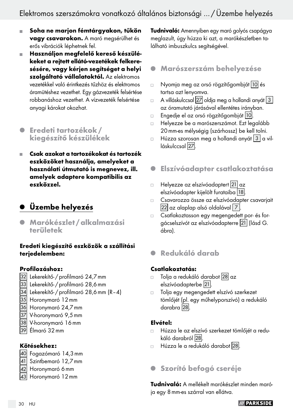 Eredeti tartozékok / kiegészítő készülékek, Marószerszám behelyezése, Elszívóadapter csatlakoztatása | Redukáló darab, Szorító befogó cseréje | Parkside POF 1200 A1 User Manual | Page 30 / 77