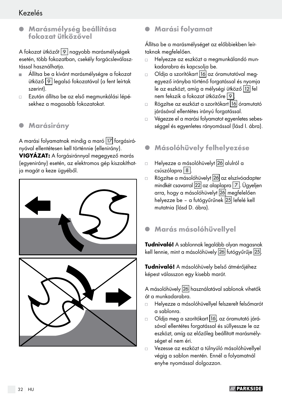 Marásmélység beállítása fokozat ütközővel, Marásirány, Marási folyamat | Másolóhüvely felhelyezése, Marás másolóhüvellyel | Parkside POF 1200 A1 User Manual | Page 32 / 77