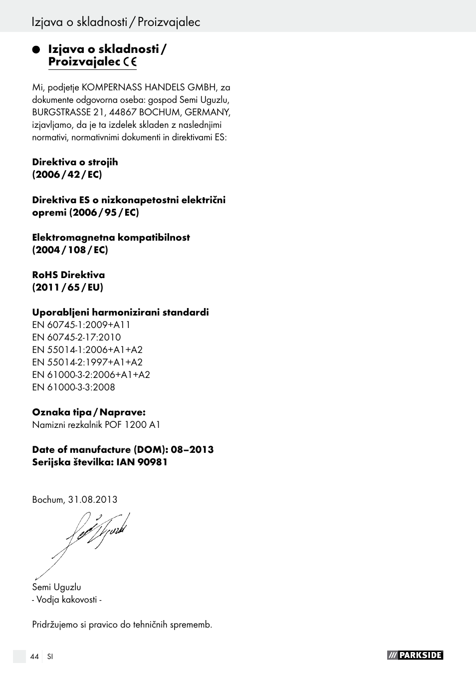 Izjava o skladnosti / proizvajalec, Garancijski list | Parkside POF 1200 A1 User Manual | Page 44 / 77