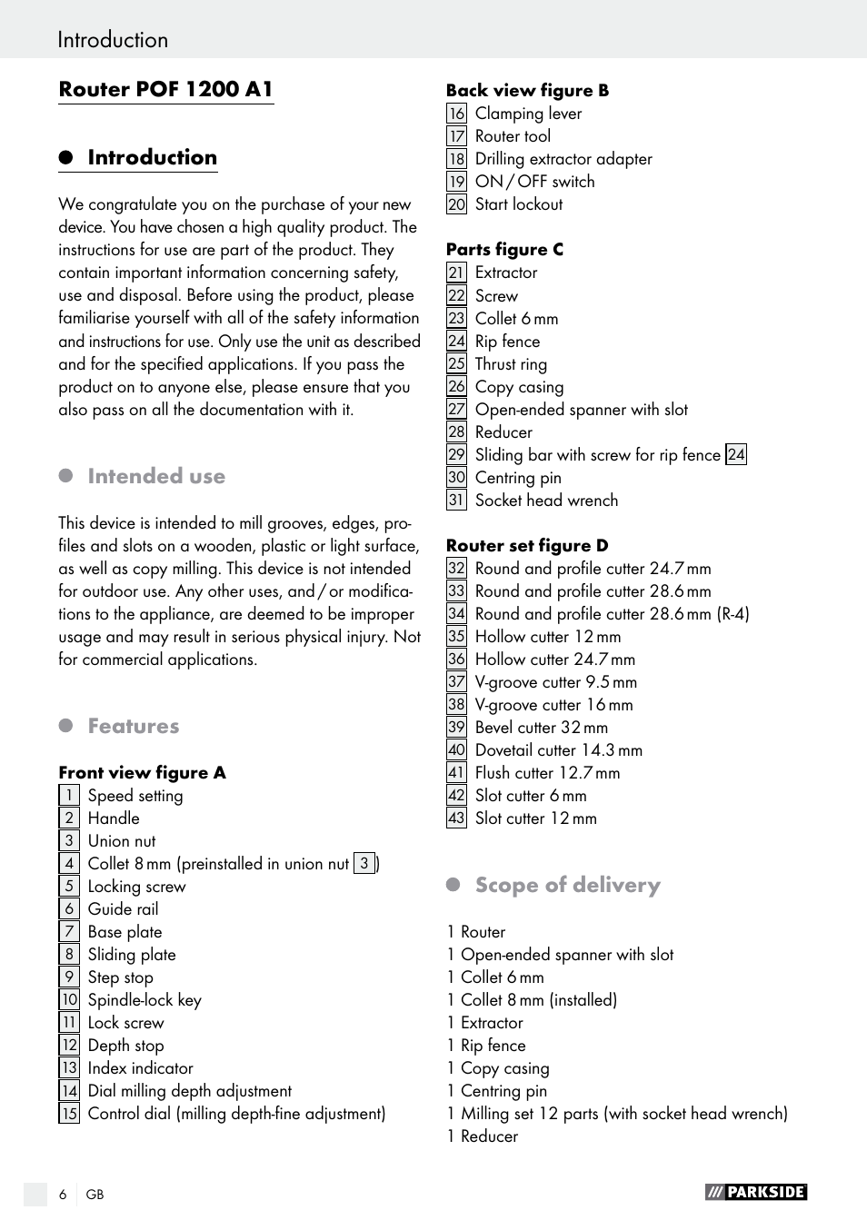 Intended use, Features, Scope of delivery | Parkside POF 1200 A1 User Manual | Page 6 / 77