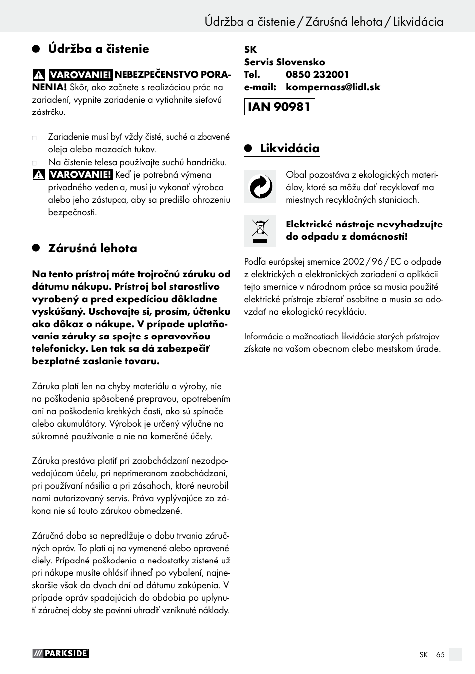 Údržba a čistenie / záruśná lehota / likvidácia, Obsluha, Údržba a čistenie | Záruśná lehota, Likvidácia | Parkside POF 1200 A1 User Manual | Page 65 / 77