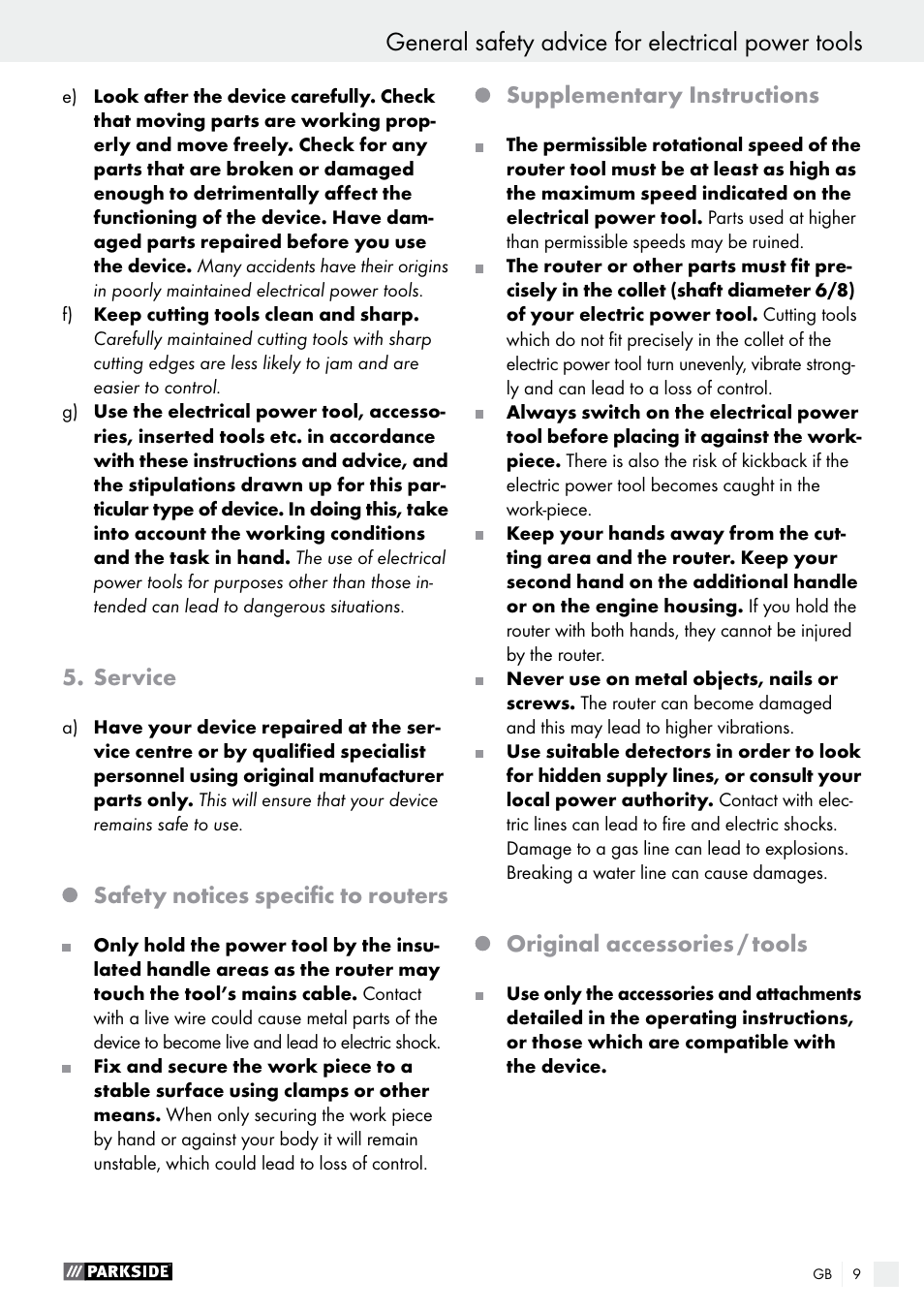 General safety advice for electrical power tools | Parkside POF 1200 A1 User Manual | Page 9 / 77