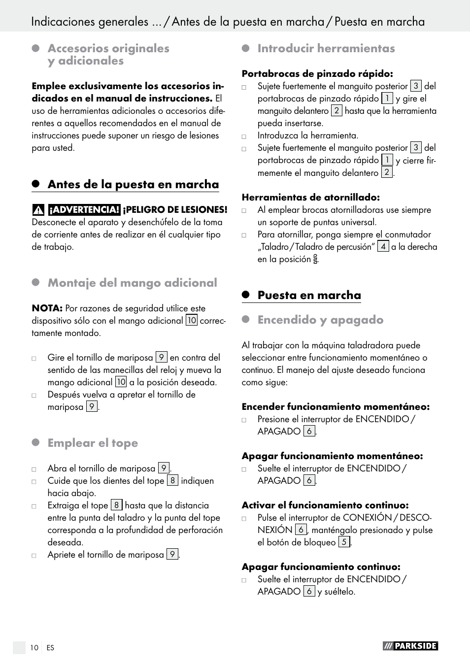 Accesorios originales y adicionales, Antes de la puesta en marcha, Montaje del mango adicional | Emplear el tope, Introducir herramientas, Puesta en marcha, Encendido y apagado | Parkside PSBM 500 A2 User Manual | Page 10 / 48
