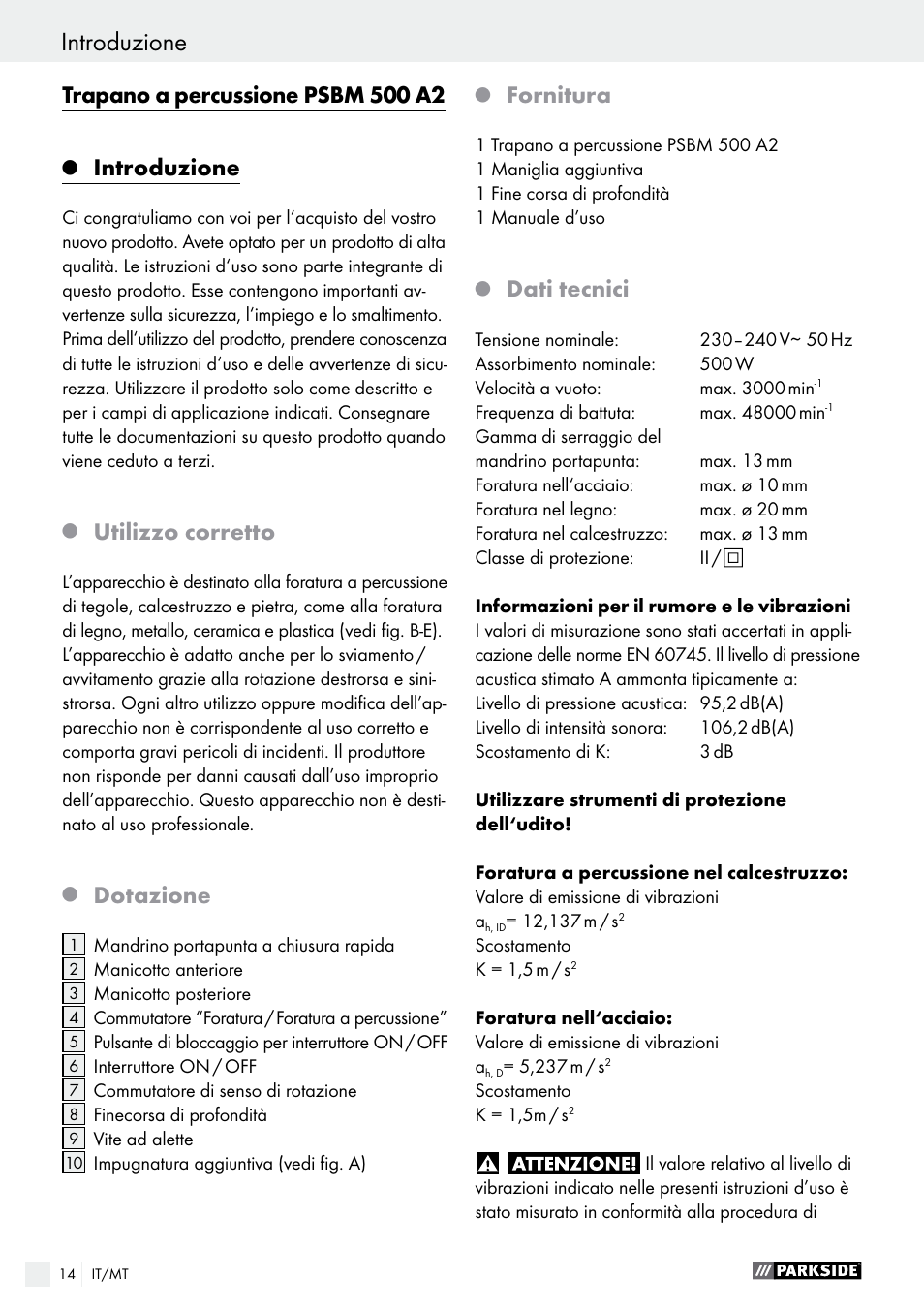 Trapano a percussione psbm 500 a2, Introduzione, Utilizzo corretto | Dotazione, Fornitura, Dati tecnici | Parkside PSBM 500 A2 User Manual | Page 14 / 48