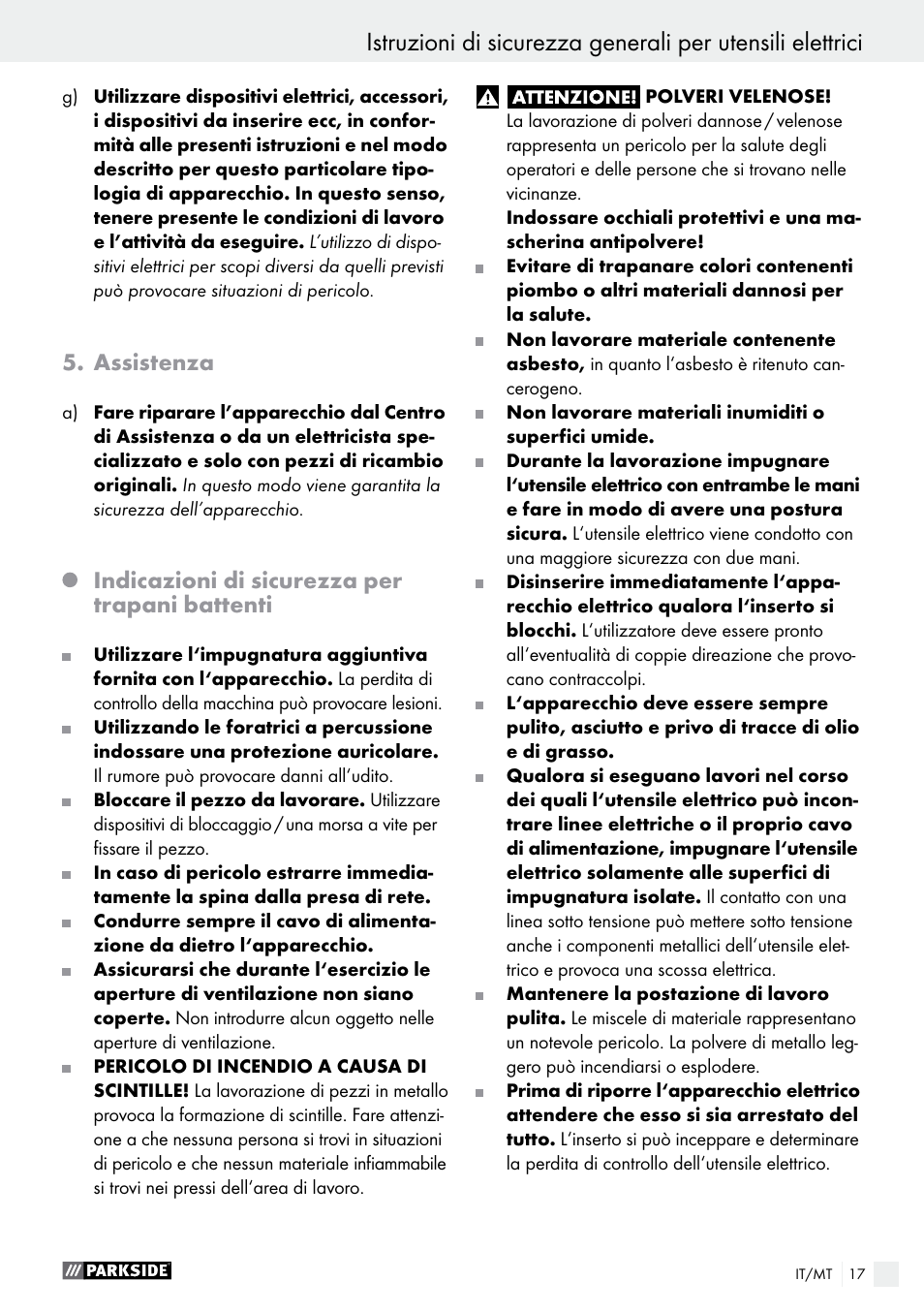 Assistenza, Indicazioni di sicurezza per trapani battenti | Parkside PSBM 500 A2 User Manual | Page 17 / 48