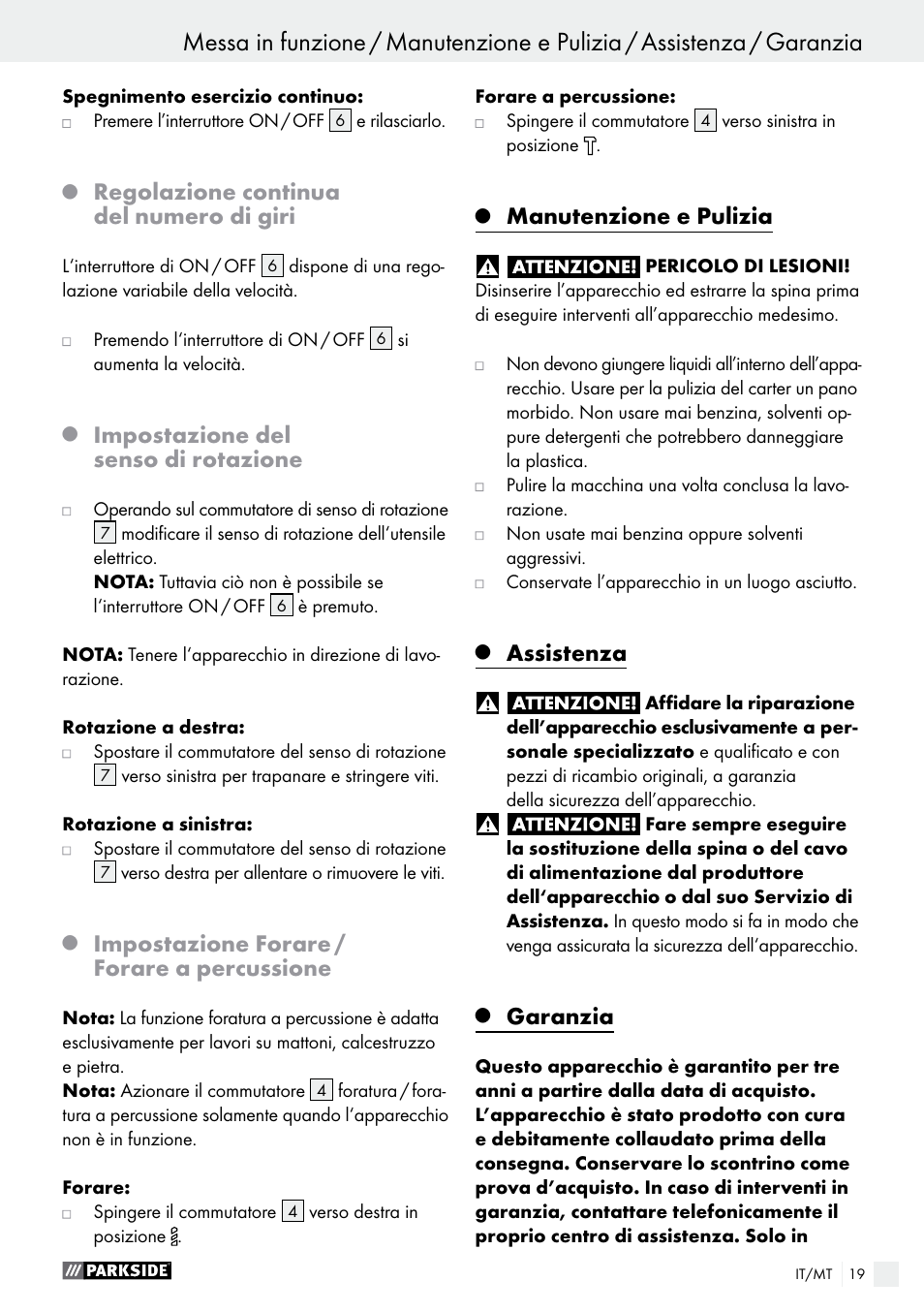 Regolazione continua del numero di giri, Impostazione del senso di rotazione, Impostazione forare / forare a percussione | Manutenzione e pulizia, Assistenza, Garanzia | Parkside PSBM 500 A2 User Manual | Page 19 / 48