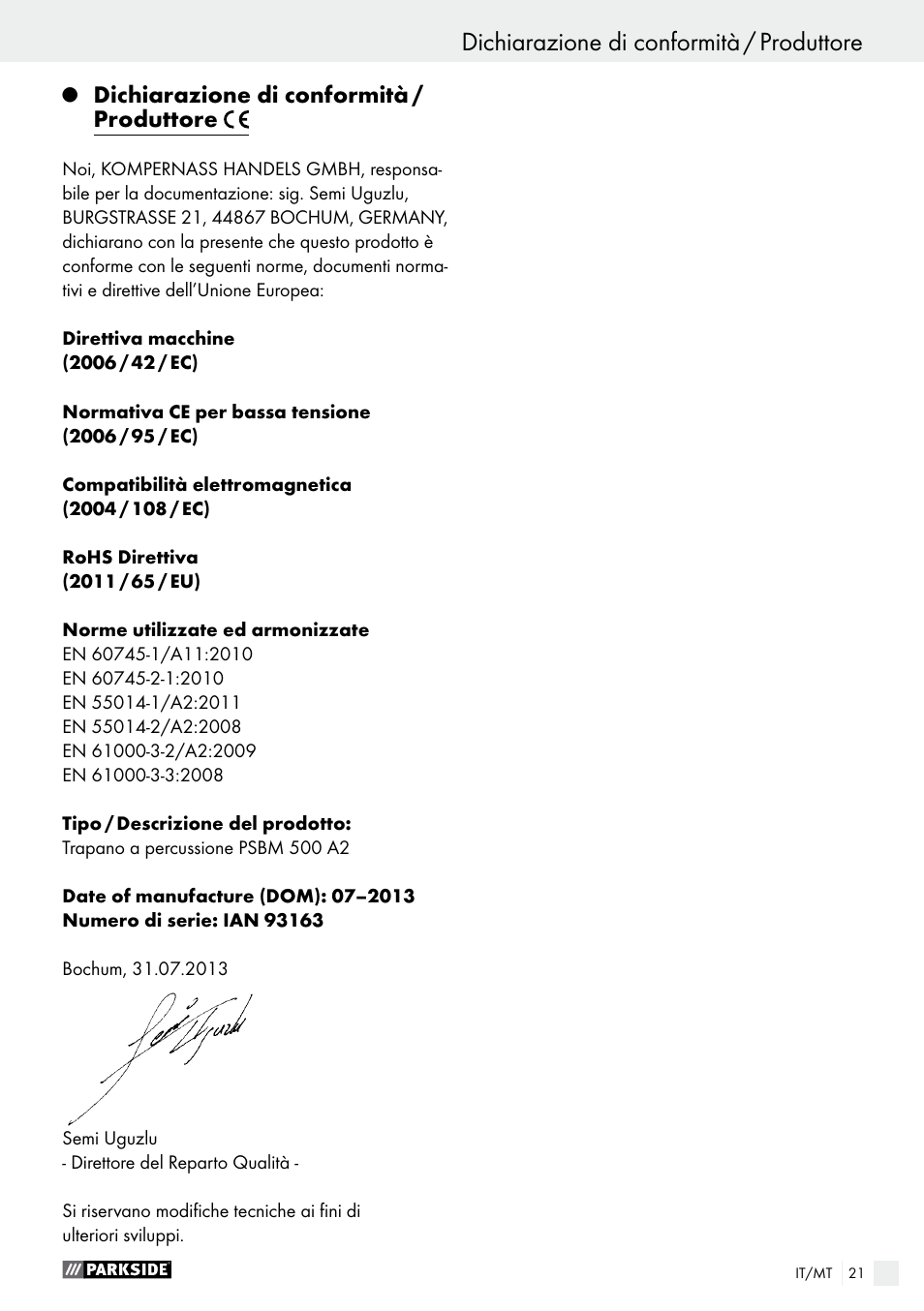 Dichiarazione di conformità / produttore | Parkside PSBM 500 A2 User Manual | Page 21 / 48