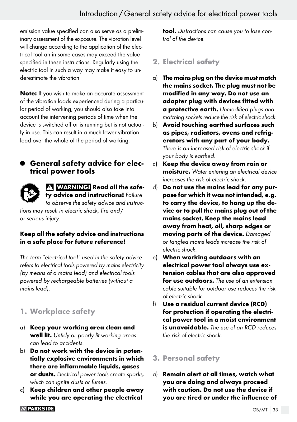 General safety advice for elec- trical power tools, Workplace safety, Electrical safety | Personal safety | Parkside PSBM 500 A2 User Manual | Page 33 / 48