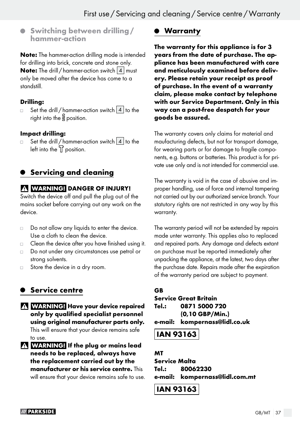Switching between drilling / hammer-action, Servicing and cleaning, Service centre | Warranty | Parkside PSBM 500 A2 User Manual | Page 37 / 48