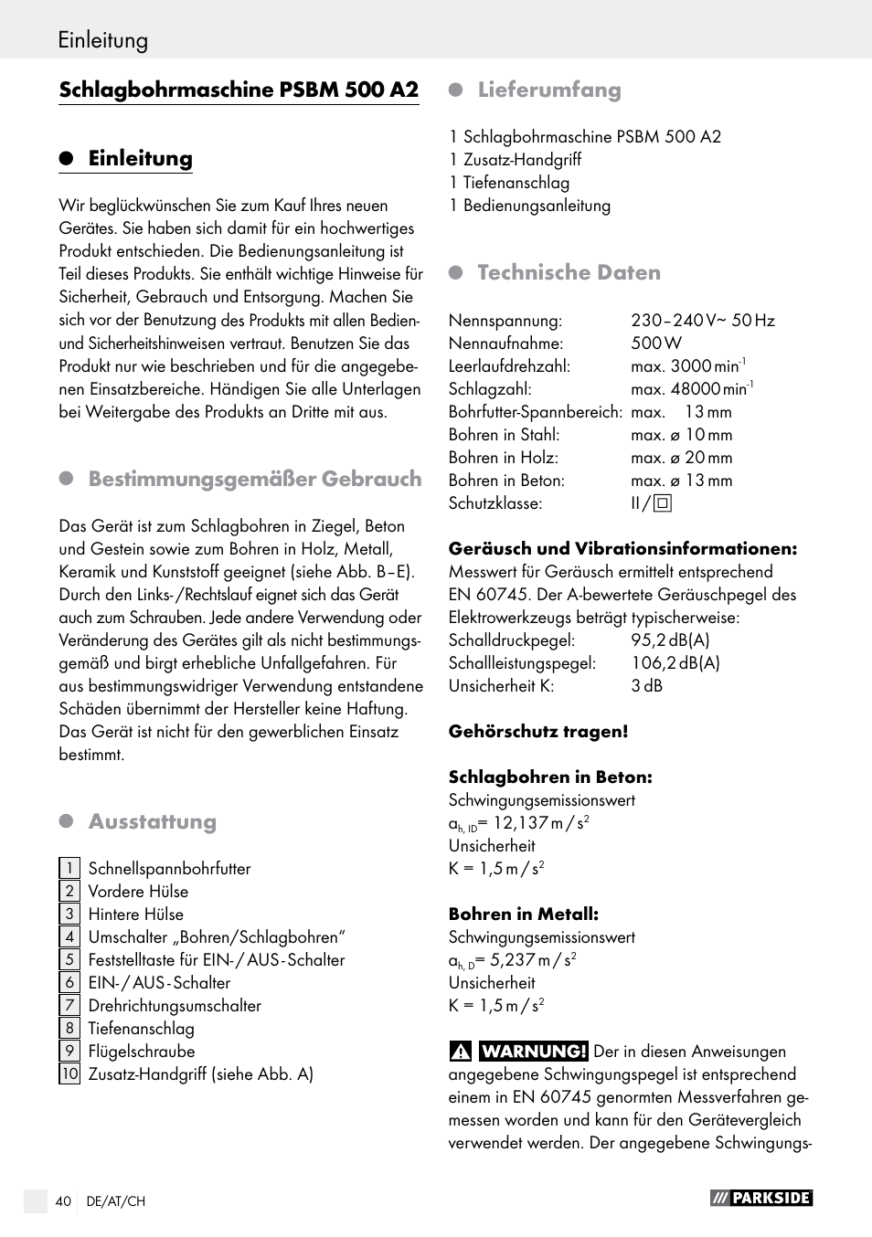 Einleitung, Schlagbohrmaschine psbm 500 a2, Bestimmungsgemäßer gebrauch | Ausstattung, Lieferumfang, Technische daten | Parkside PSBM 500 A2 User Manual | Page 40 / 48