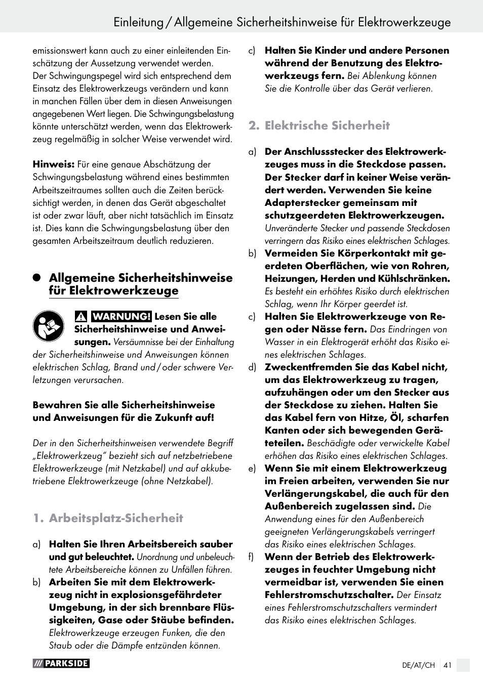 Einleitung, Arbeitsplatz-sicherheit, Elektrische sicherheit | Parkside PSBM 500 A2 User Manual | Page 41 / 48