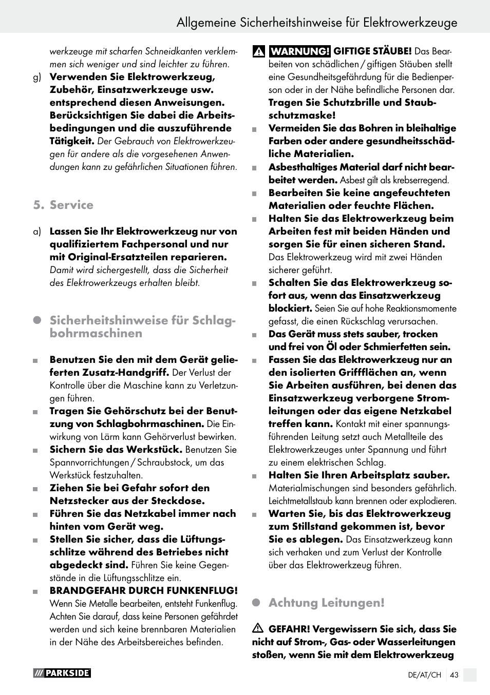 Service, Sicherheitshinweise für schlag- bohrmaschinen, Achtung leitungen | Parkside PSBM 500 A2 User Manual | Page 43 / 48