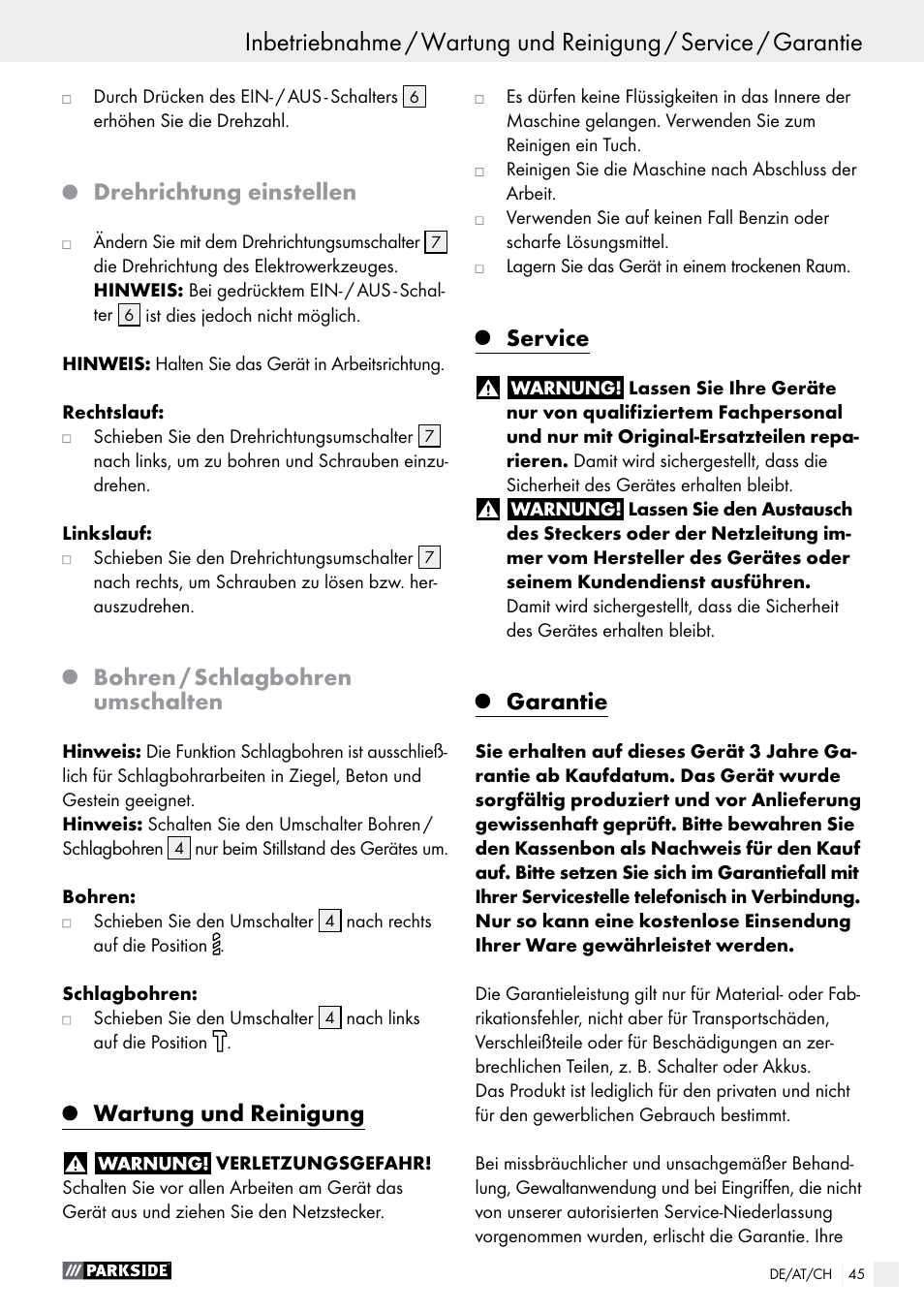 Drehrichtung einstellen, Bohren / schlagbohren umschalten, Wartung und reinigung | Service, Garantie | Parkside PSBM 500 A2 User Manual | Page 45 / 48