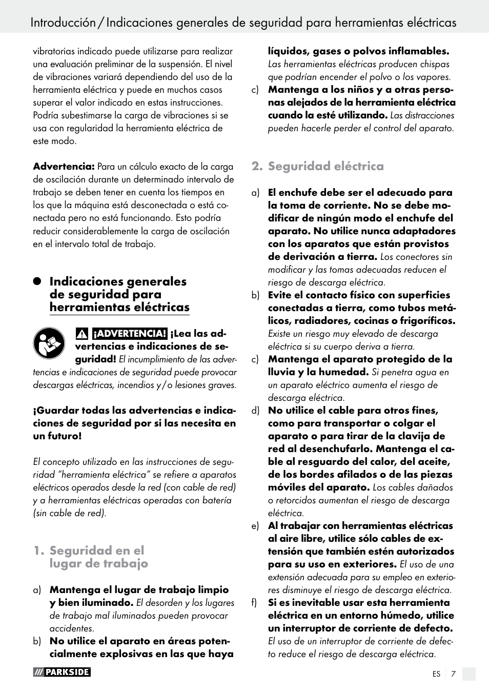 Seguridad en el lugar de trabajo, Seguridad eléctrica | Parkside PSBM 500 A2 User Manual | Page 7 / 48