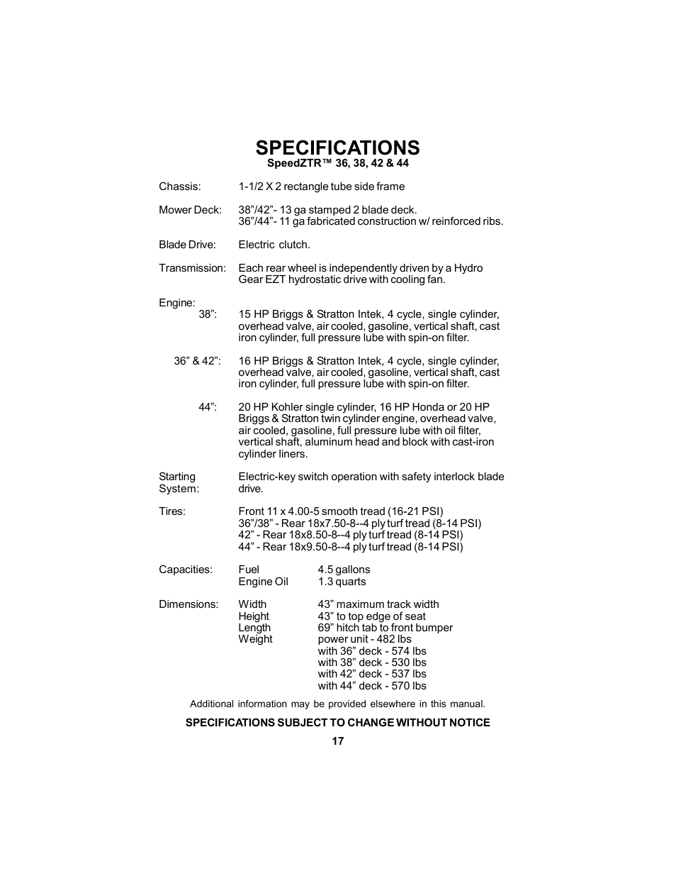 Specifications | Dixon Speedztr 36 User Manual | Page 17 / 52