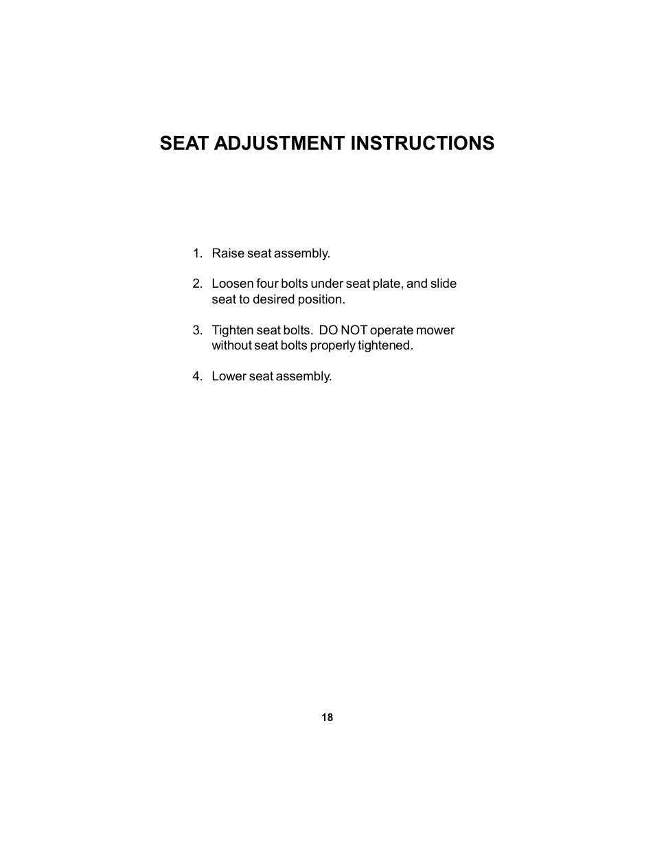 Seat adjustment instructions | Dixon Speedztr 36 User Manual | Page 18 / 52