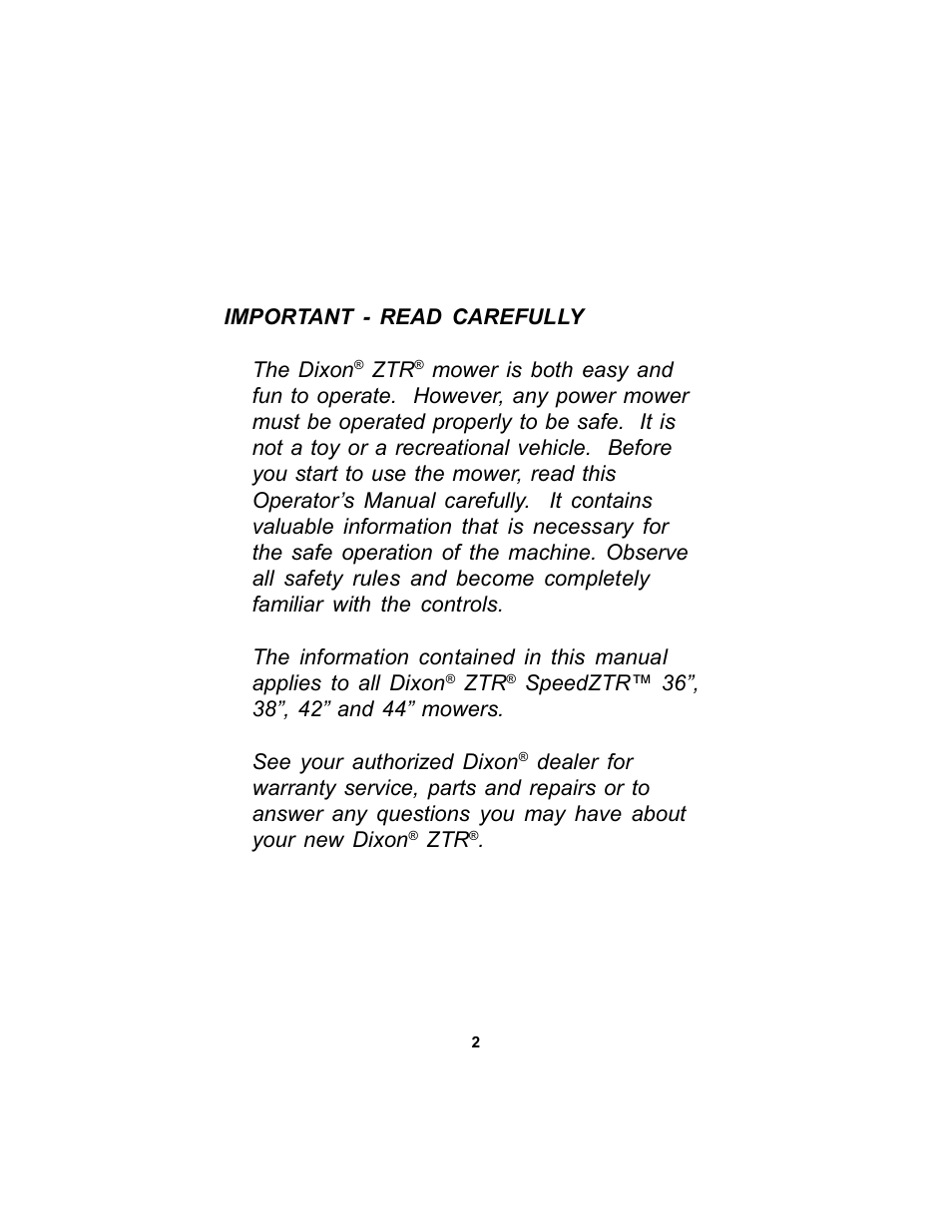 Dixon Speedztr 36 User Manual | Page 2 / 52