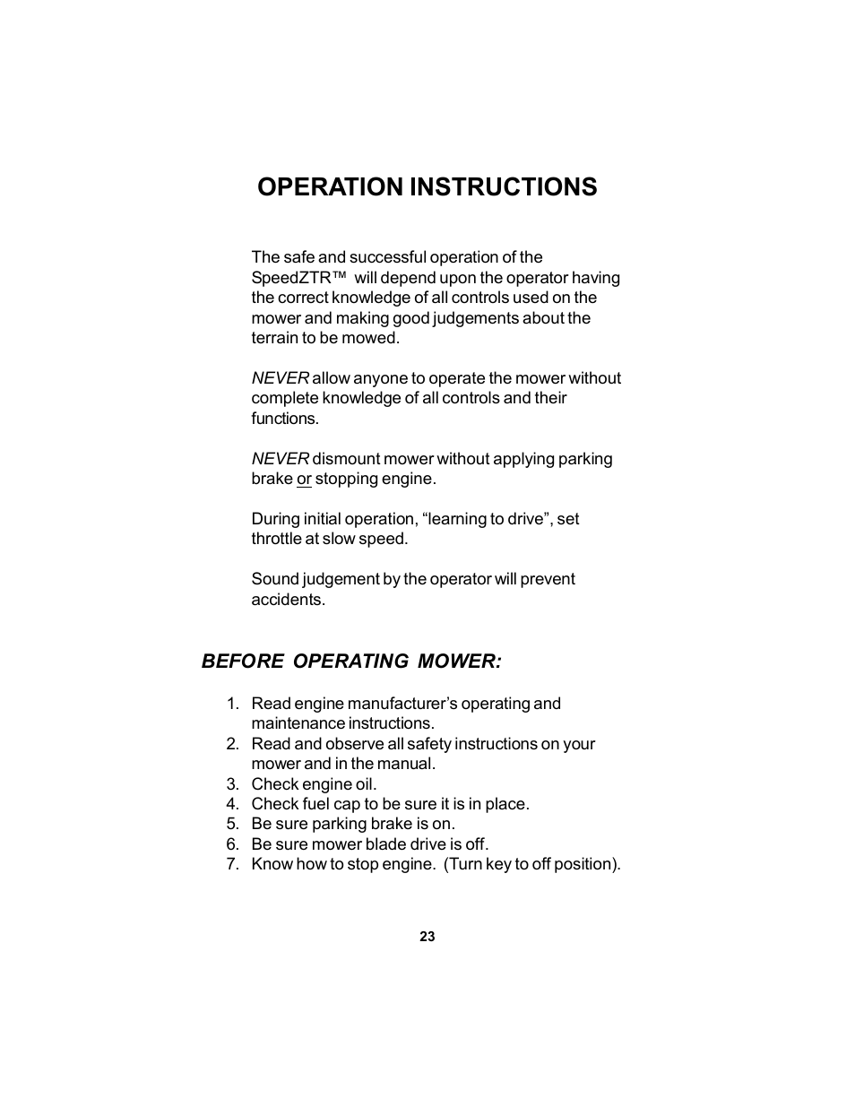 Operation instructions | Dixon Speedztr 36 User Manual | Page 23 / 52