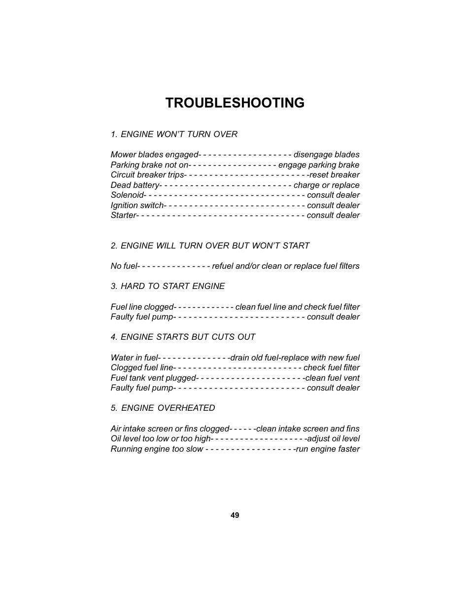 Troubleshooting | Dixon Speedztr 36 User Manual | Page 49 / 52