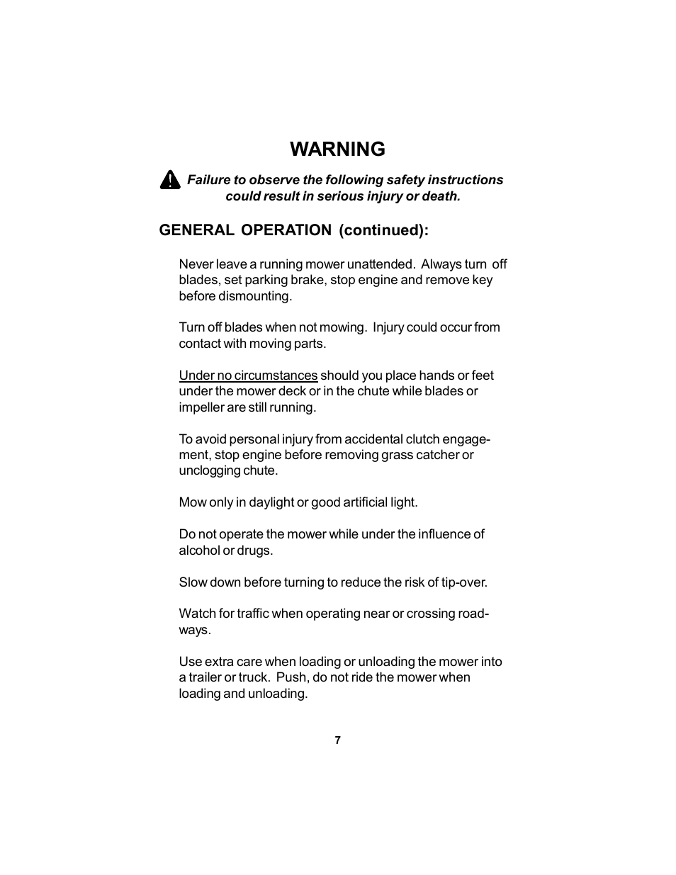 Warning | Dixon Speedztr 36 User Manual | Page 7 / 52