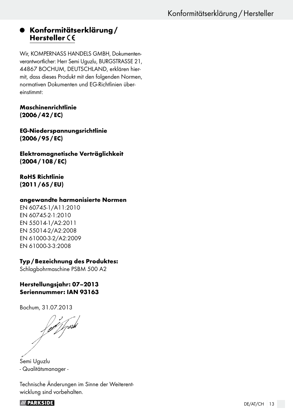 Garantie / entsorgung, Konformitätserklärung / hersteller | Parkside PSBM 500 A2 User Manual | Page 13 / 43