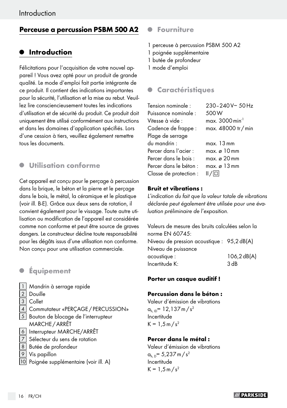 Perceuse a percussion psbm 500 a2, Introduction, Utilisation conforme | Équipement, Fourniture, Caractéristiques | Parkside PSBM 500 A2 User Manual | Page 16 / 43