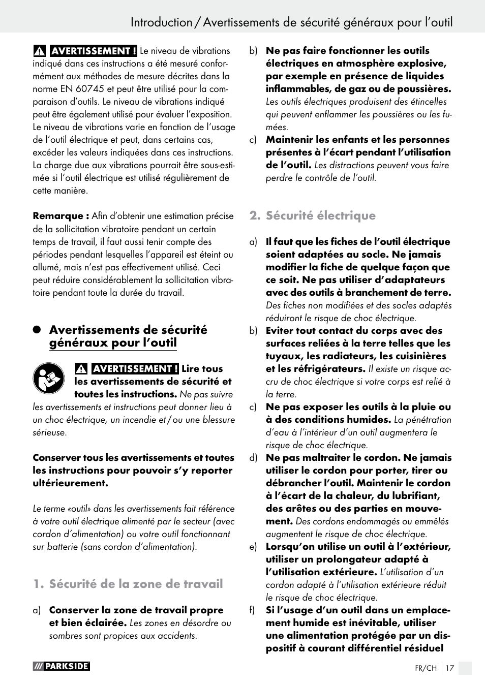 Avertissements de sécurité généraux pour l’outil, Sécurité de la zone de travail, Sécurité électrique | Parkside PSBM 500 A2 User Manual | Page 17 / 43