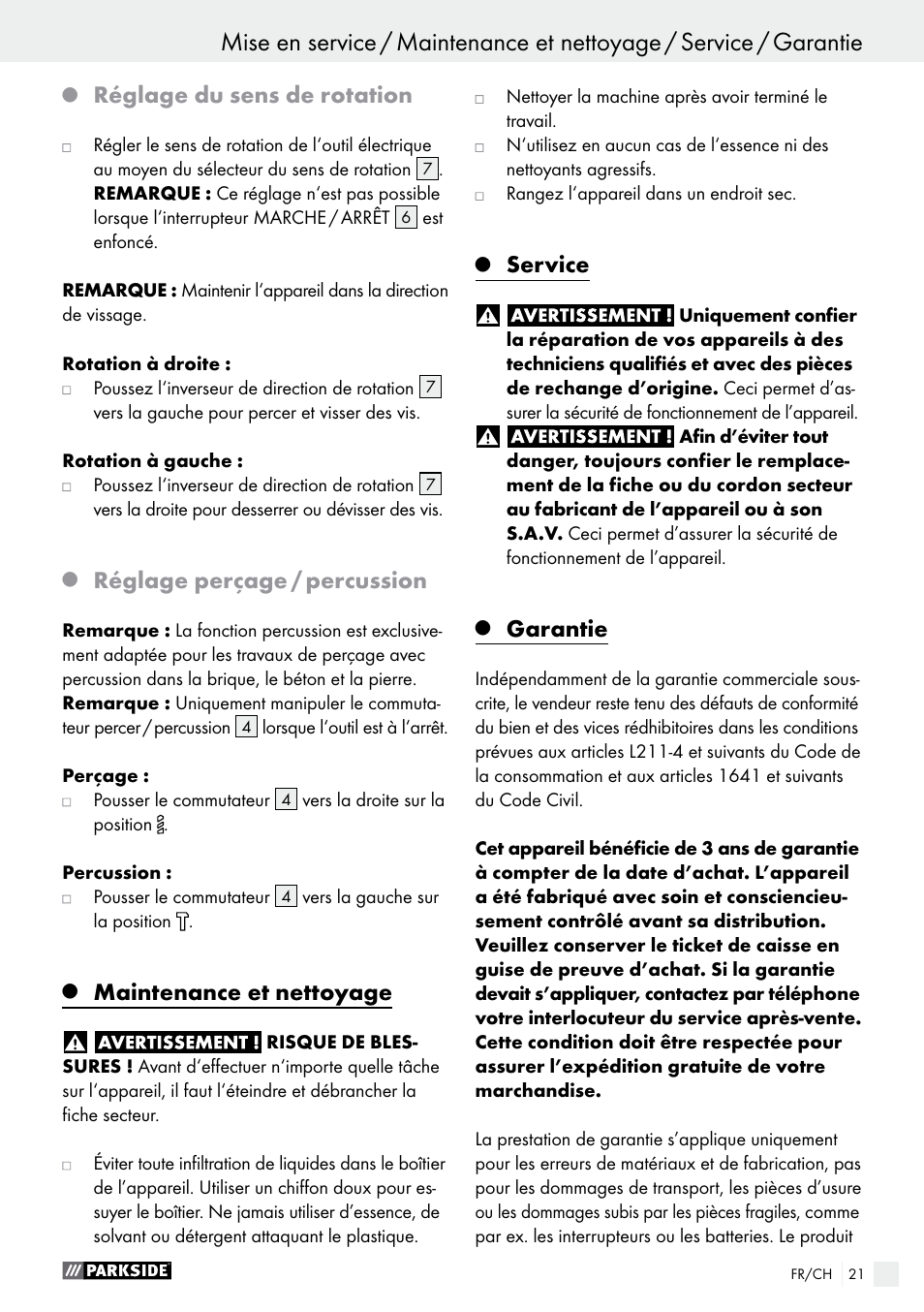 Réglage du sens de rotation, Réglage perçage / percussion, Maintenance et nettoyage | Service, Garantie | Parkside PSBM 500 A2 User Manual | Page 21 / 43
