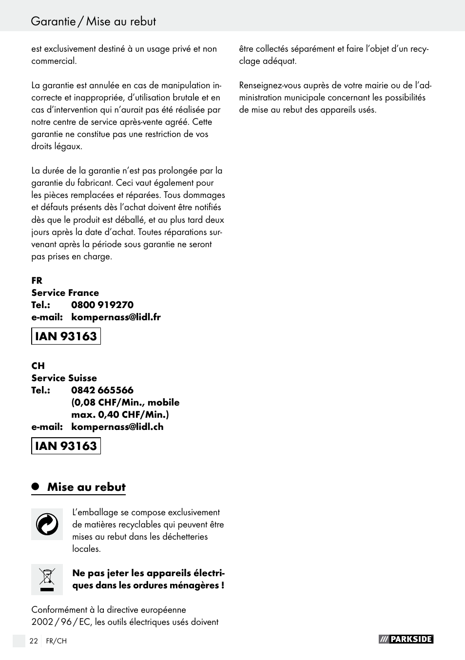 Déclaration de conformité / fabricant, Garantie / mise au rebut, Mise au rebut | Parkside PSBM 500 A2 User Manual | Page 22 / 43