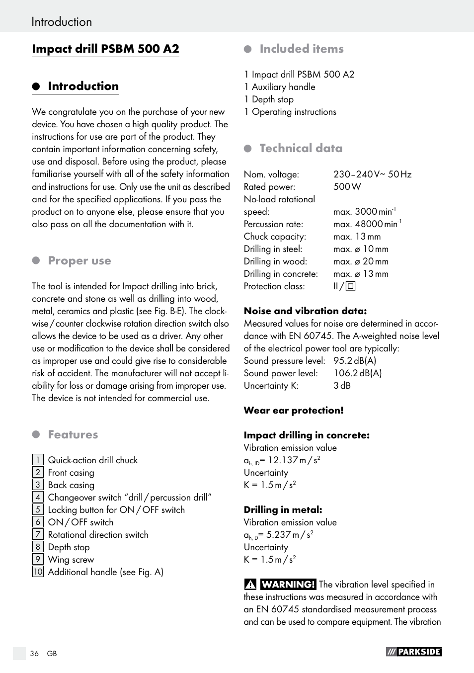 Introduction, Impact drill psbm 500 a2, Proper use | Features, Included items, Technical data | Parkside PSBM 500 A2 User Manual | Page 36 / 43