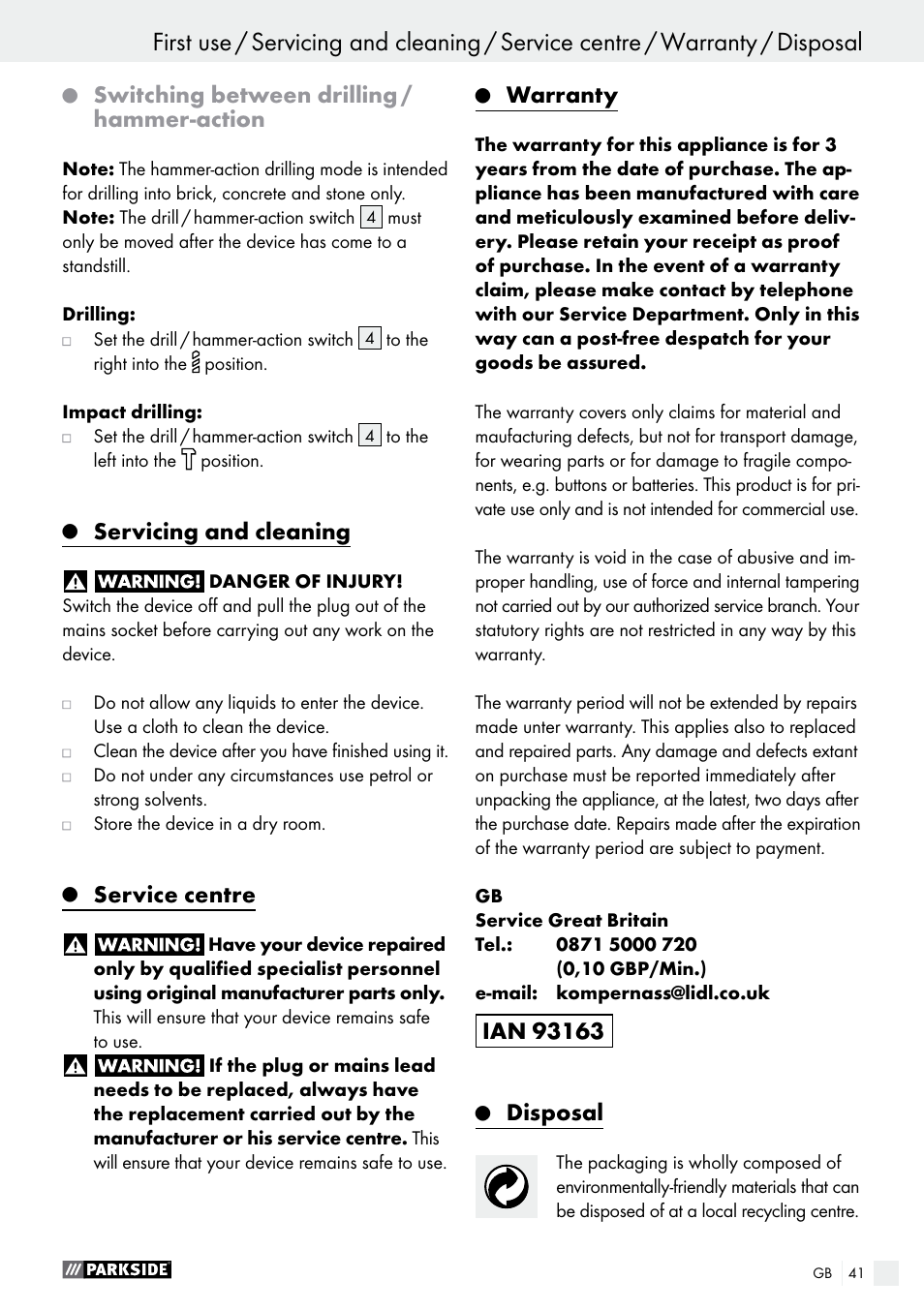 Switching between drilling / hammer-action, Servicing and cleaning, Service centre | Warranty, Disposal | Parkside PSBM 500 A2 User Manual | Page 41 / 43