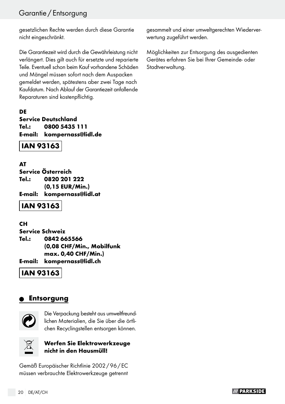 Entsorgung | Parkside PSBM 500 A2 User Manual | Page 20 / 31