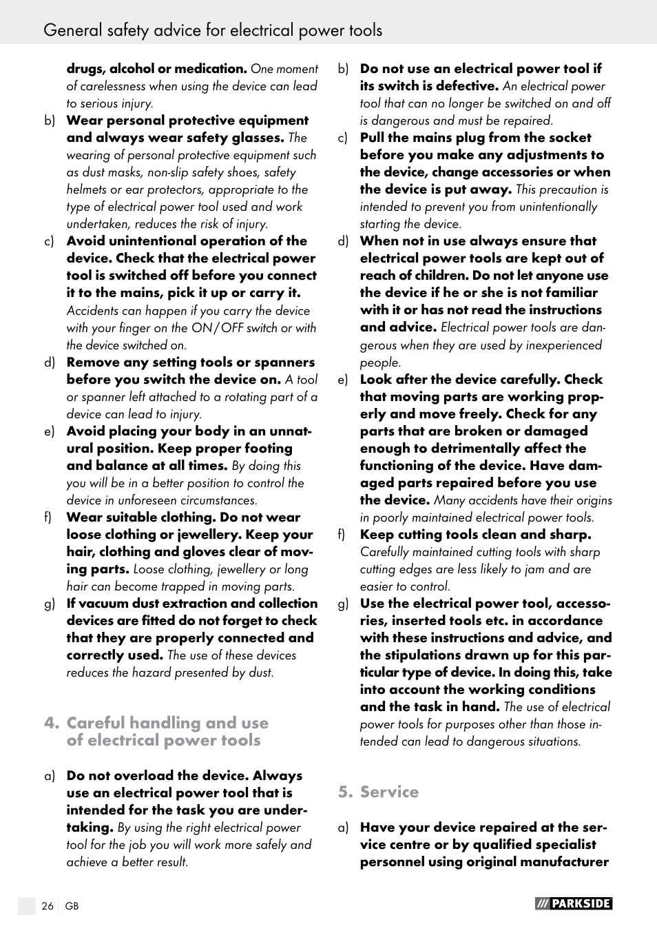 General safety advice for electrical power tools, Careful handling and use of electrical power tools, Service | Parkside PSBM 500 A2 User Manual | Page 26 / 31