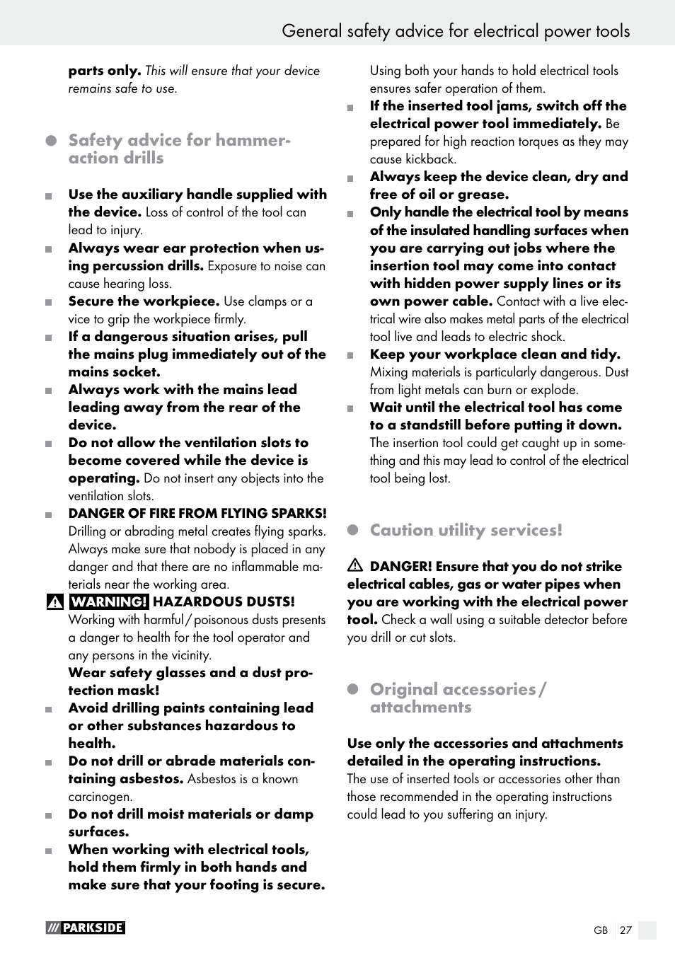 General safety advice for electrical power tools, Safety advice for hammer- action drills, Caution utility services | Original accessories / attachments | Parkside PSBM 500 A2 User Manual | Page 27 / 31