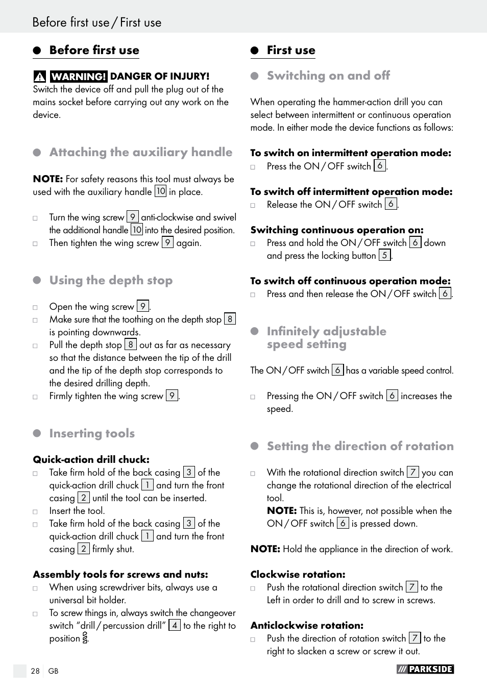 Before first use / first use, Before first use, Attaching the auxiliary handle | Using the depth stop, Inserting tools, First use, Switching on and off, Infinitely adjustable speed setting, Setting the direction of rotation | Parkside PSBM 500 A2 User Manual | Page 28 / 31