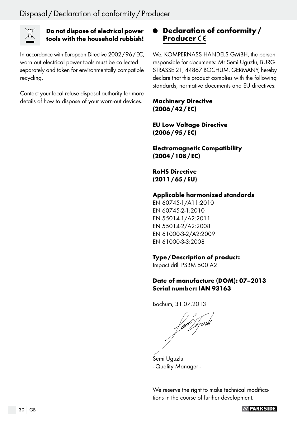 Disposal / declaration of conformity / producer, Declaration of conformity / producer | Parkside PSBM 500 A2 User Manual | Page 30 / 31
