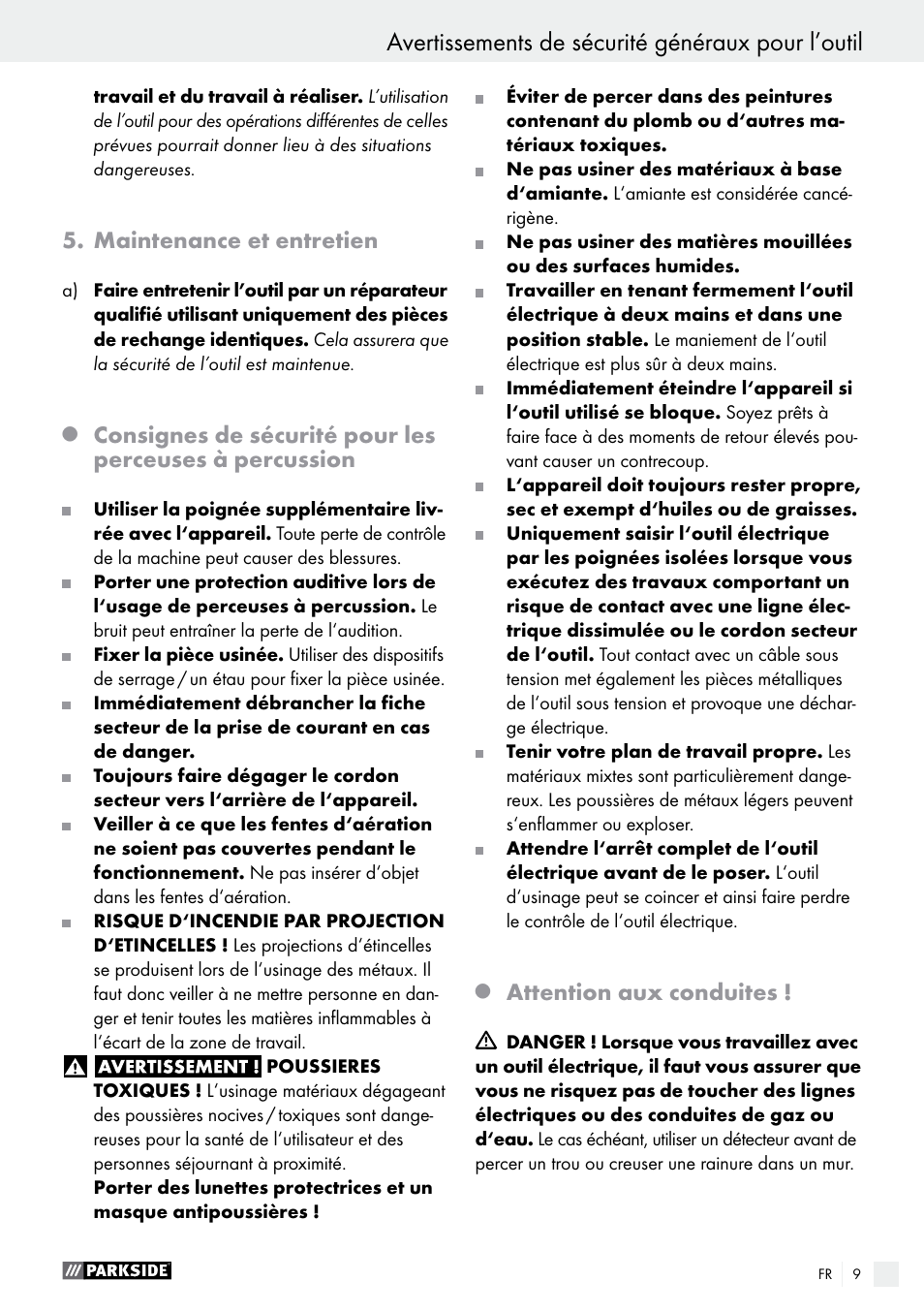 Avertissements de sécurité généraux pour l’outil, Maintenance et entretien, Attention aux conduites | Parkside PSBM 500 A2 User Manual | Page 9 / 31