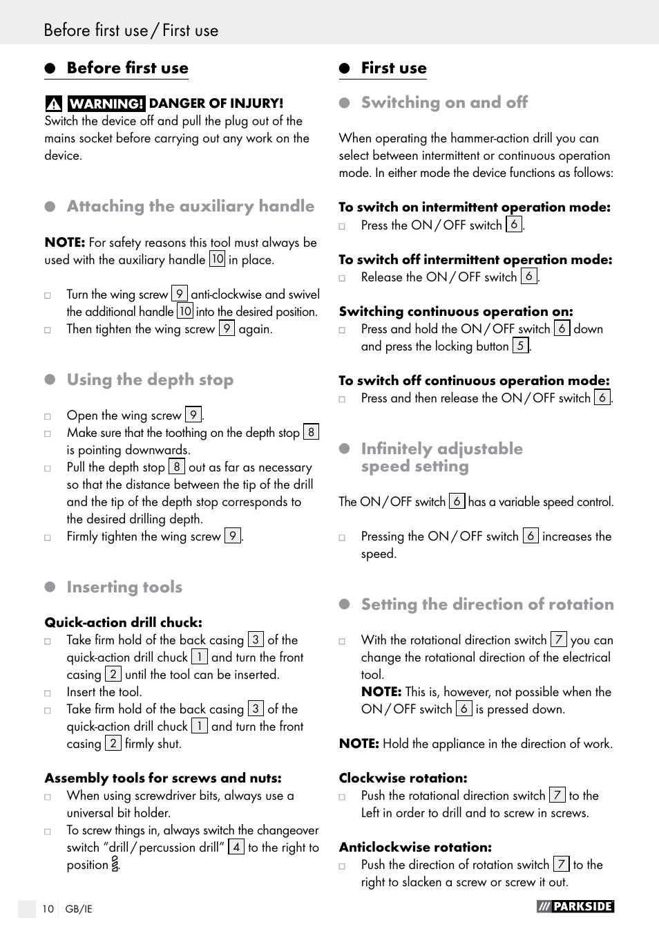Before first use / first use, Before first use, Attaching the auxiliary handle | Using the depth stop, Inserting tools, First use, Switching on and off, Infinitely adjustable speed setting, Setting the direction of rotation | Parkside PSBM 500 A2 User Manual | Page 10 / 58