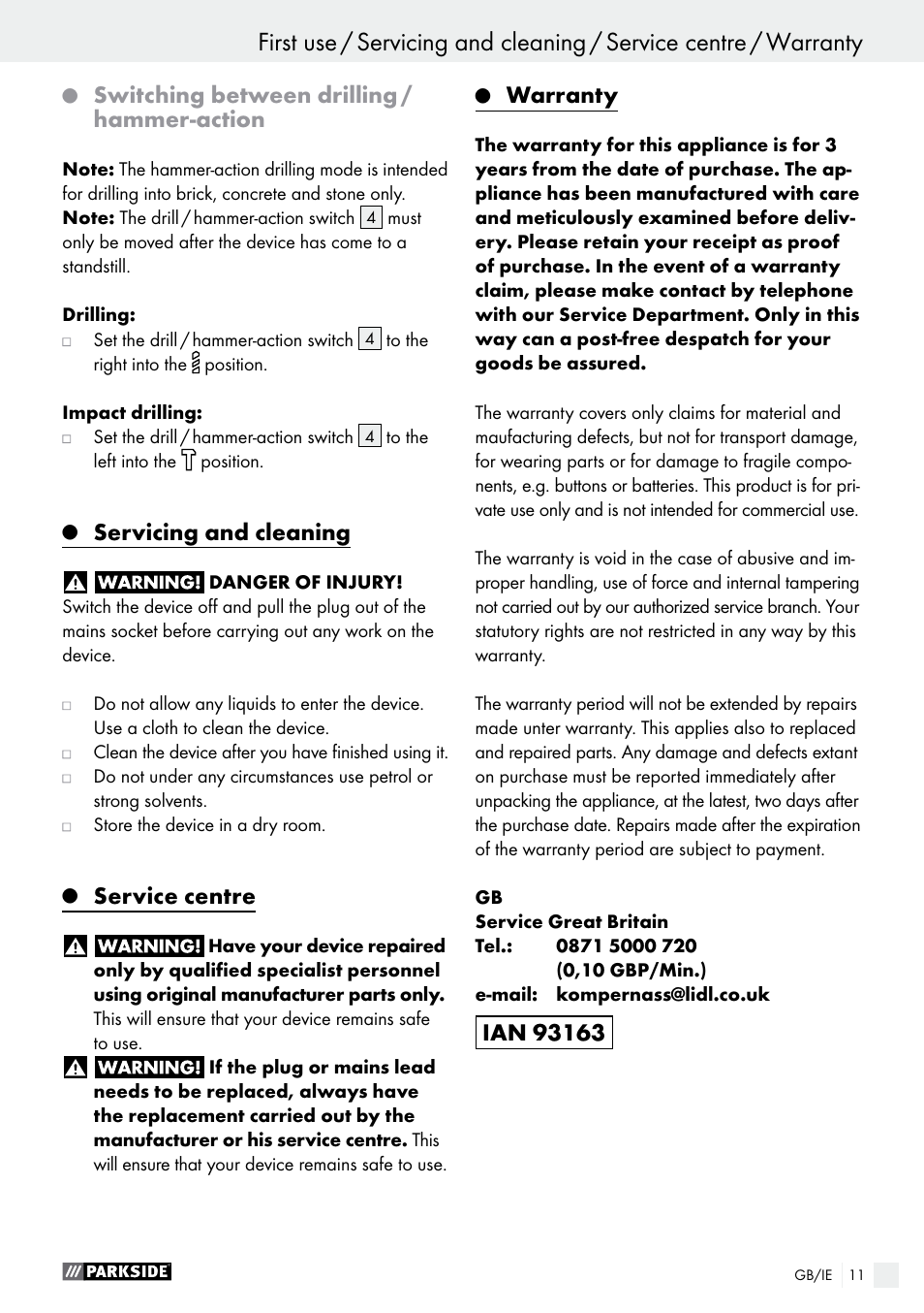 Switching between drilling / hammer-action, Servicing and cleaning, Service centre | Warranty | Parkside PSBM 500 A2 User Manual | Page 11 / 58