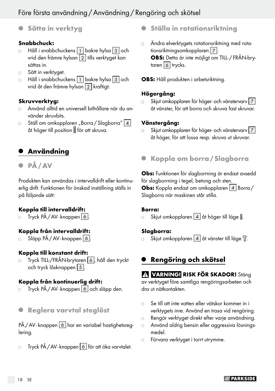 Sätta in verktyg, Användning, På / av | Reglera varvtal steglöst, Ställa in rotationsriktning, Koppla om borra / slagborra, Rengöring och skötsel | Parkside PSBM 500 A2 User Manual | Page 18 / 58