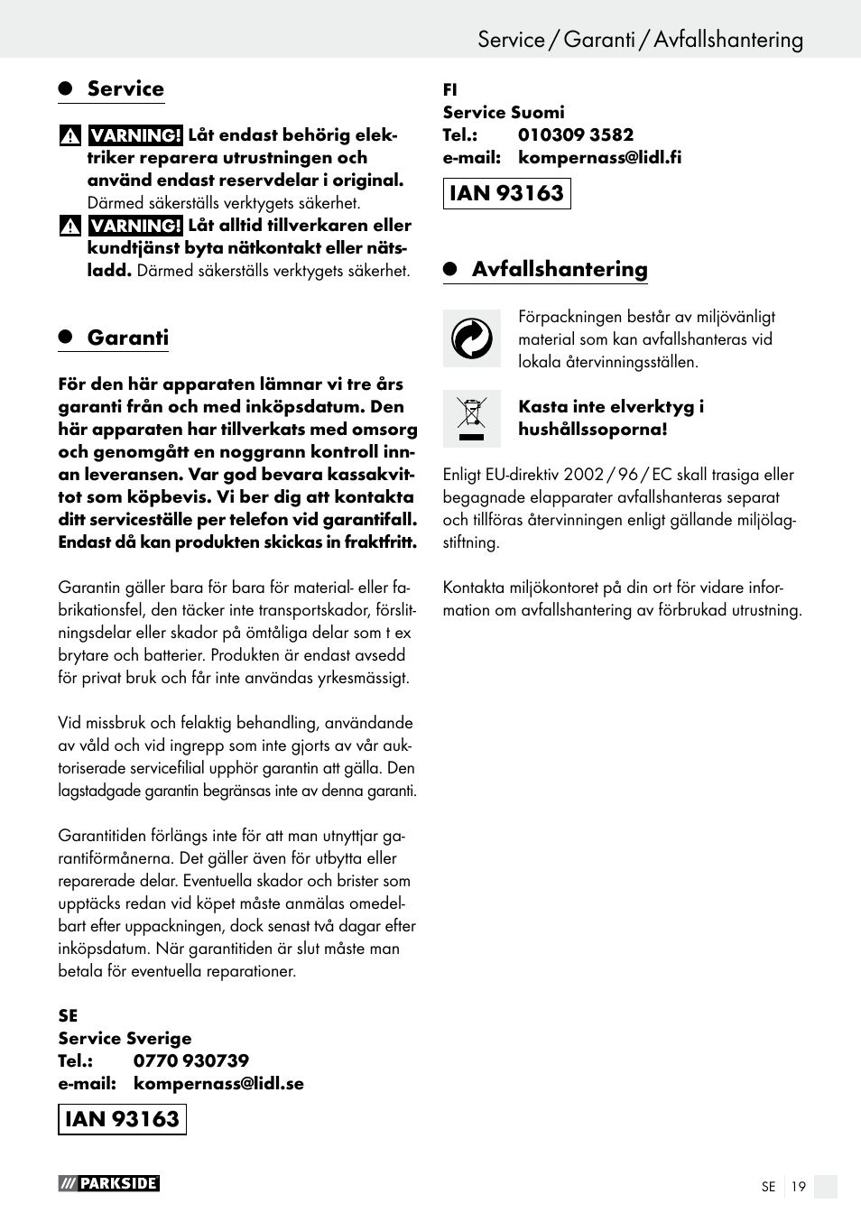 Service, Garanti, Avfallshantering | Parkside PSBM 500 A2 User Manual | Page 19 / 58