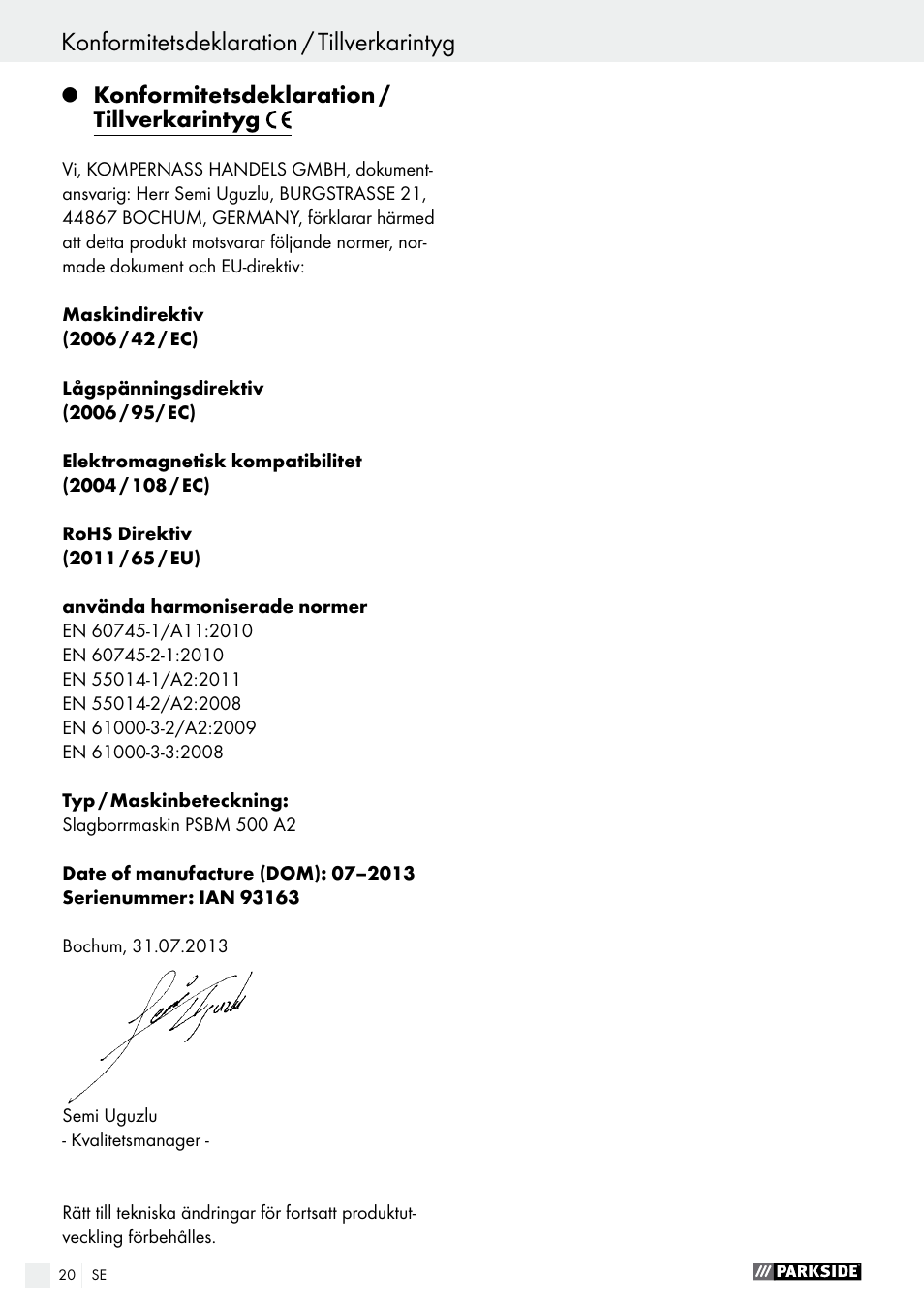 Parkside PSBM 500 A2 User Manual | Page 20 / 58