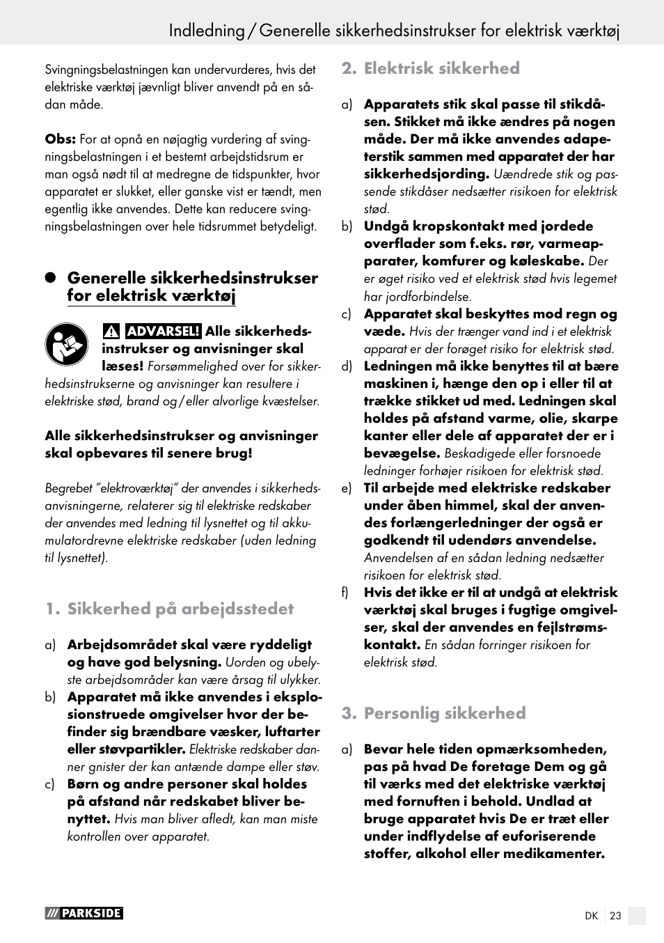 Sikkerhed på arbejdsstedet, Elektrisk sikkerhed, Personlig sikkerhed | Parkside PSBM 500 A2 User Manual | Page 23 / 58