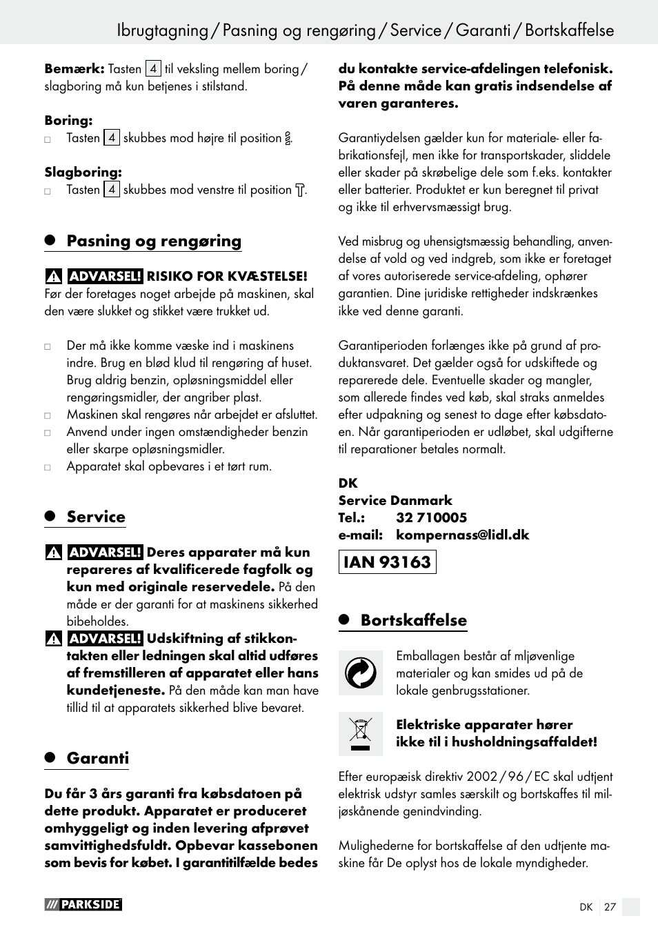 Pasning og rengøring, Service, Garanti | Bortskaffelse | Parkside PSBM 500 A2 User Manual | Page 27 / 58