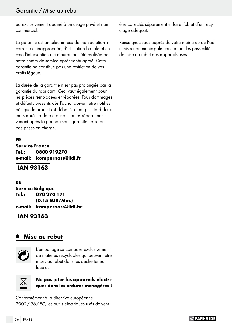 Déclaration de conformité / fabricant, Garantie / mise au rebut, Mise au rebut | Parkside PSBM 500 A2 User Manual | Page 36 / 58