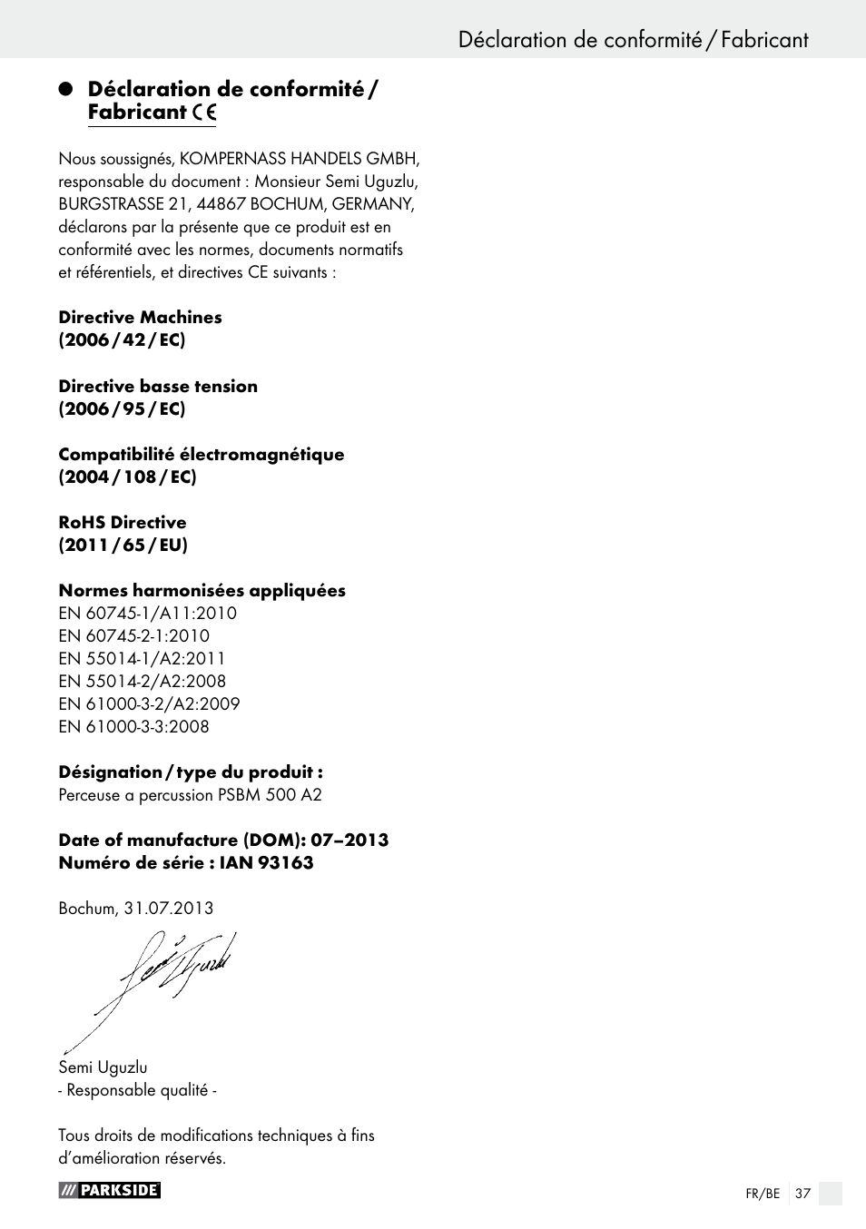 Déclaration de conformité / fabricant, Garantie / mise au rebut | Parkside PSBM 500 A2 User Manual | Page 37 / 58