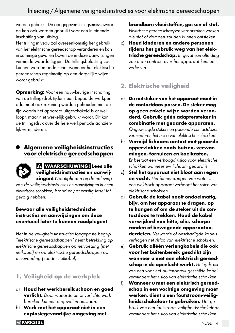 Veiligheid op de werkplek, Elektrische veiligheid | Parkside PSBM 500 A2 User Manual | Page 41 / 58