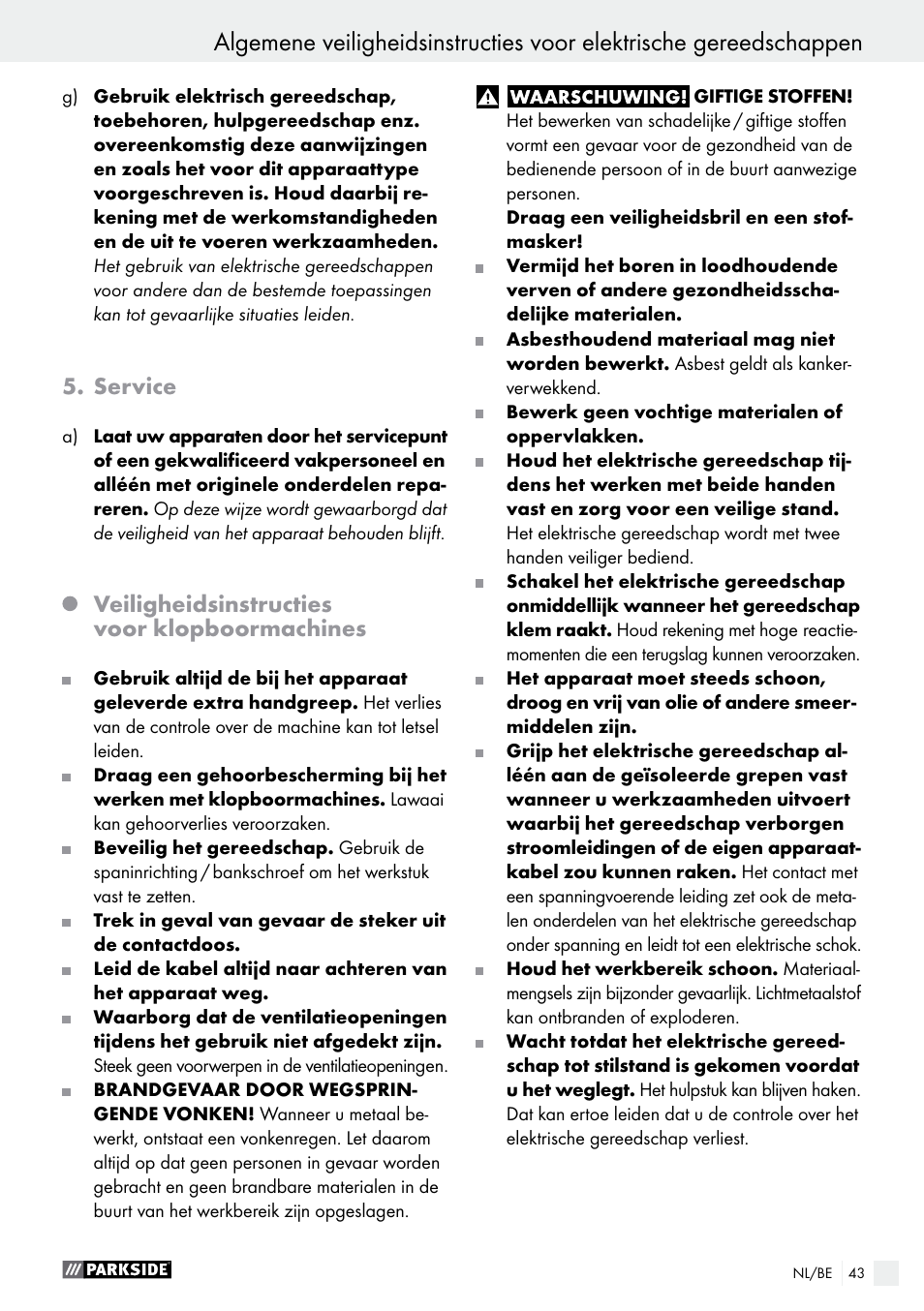 Service, Veiligheidsinstructies voor klopboormachines | Parkside PSBM 500 A2 User Manual | Page 43 / 58