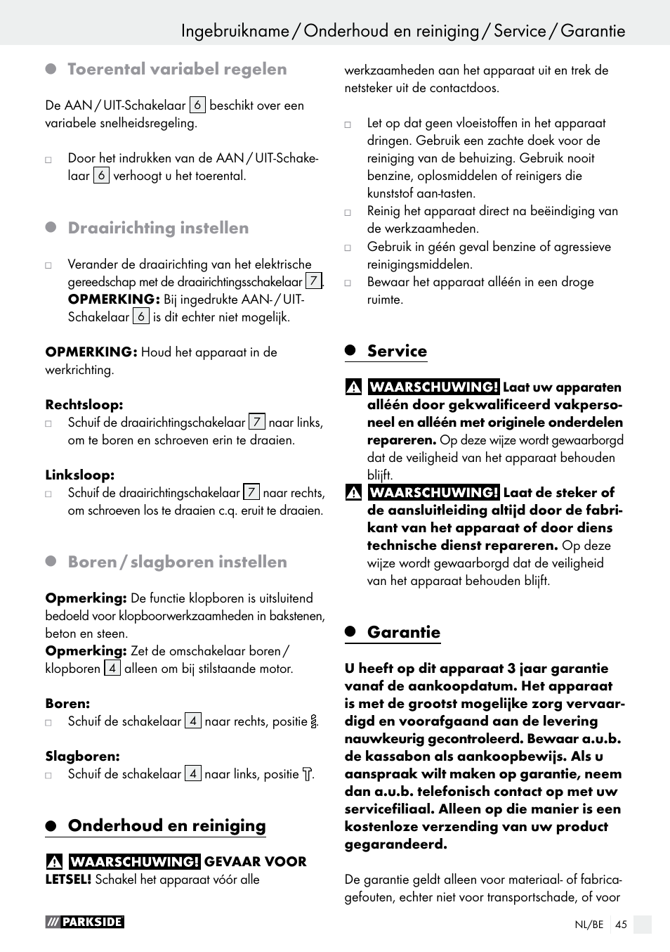 Toerental variabel regelen, Draairichting instellen, Boren / slagboren instellen | Onderhoud en reiniging, Service, Garantie | Parkside PSBM 500 A2 User Manual | Page 45 / 58